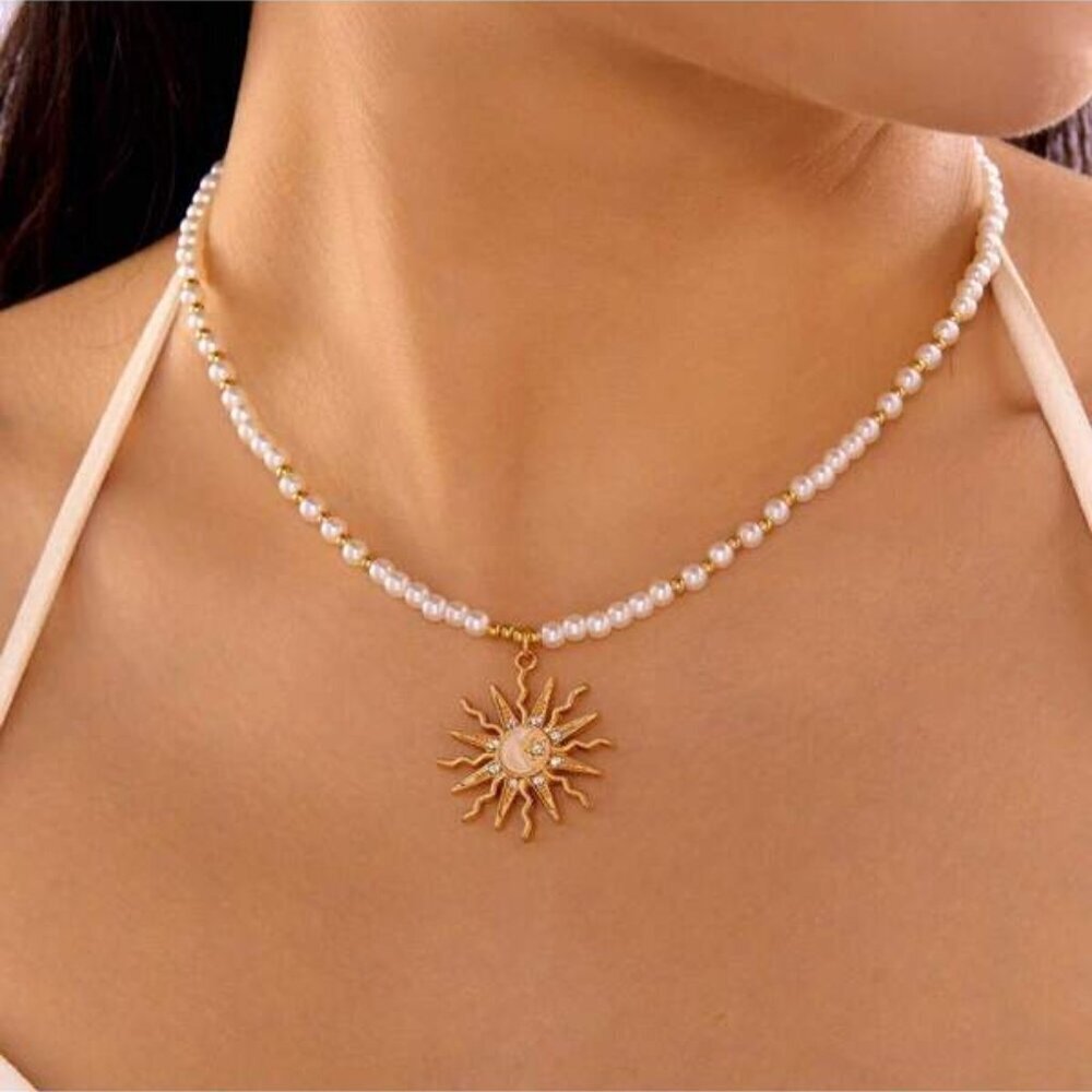White Beaded Sun Pendant Necklace